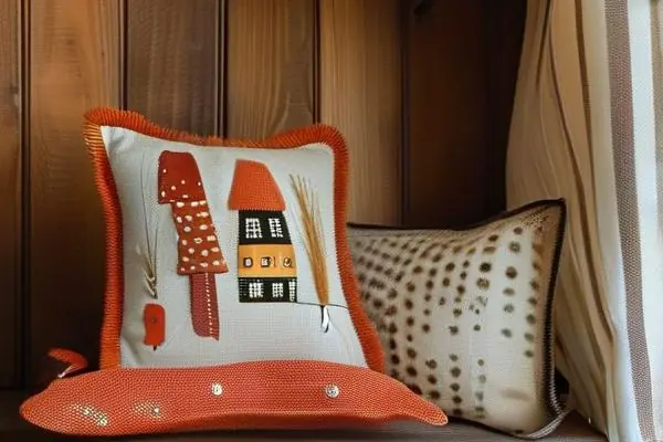 手工家装布艺制作成品展示，包括抱枕、窗帘和墙饰，搭配缝纫工具