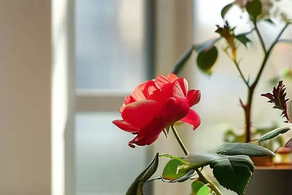 室内摆放的红色月季花
