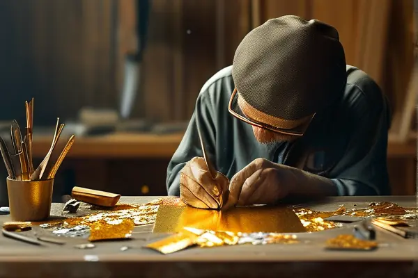 工匠贴金箔工艺过程