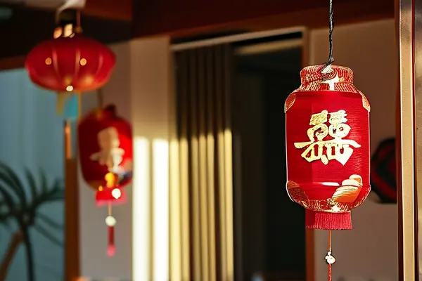 新房门口悬挂的传统红色喜庆灯笼