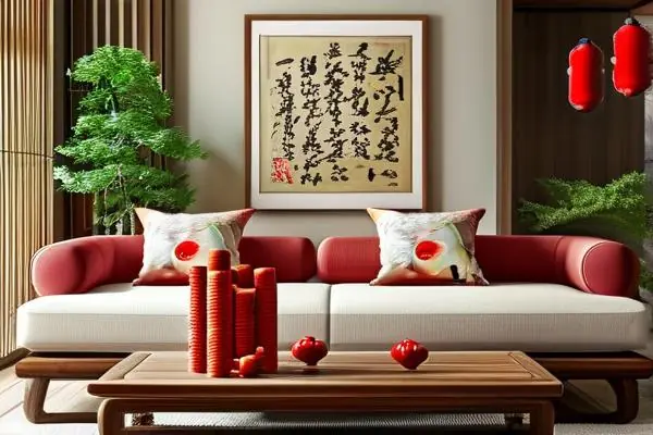 新房客厅传统朱砂辟邪物品摆放实景