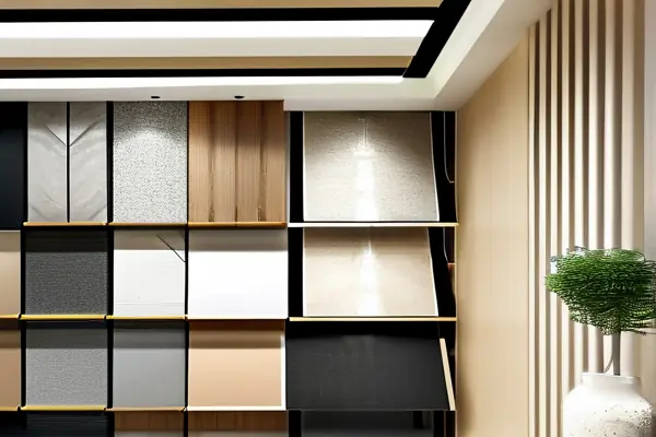 客户与设计师在装修材料展厅讨论选材方案