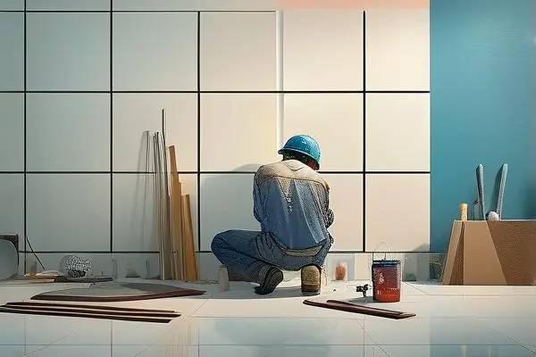 装修师傅进行瓷砖美缝施工现场