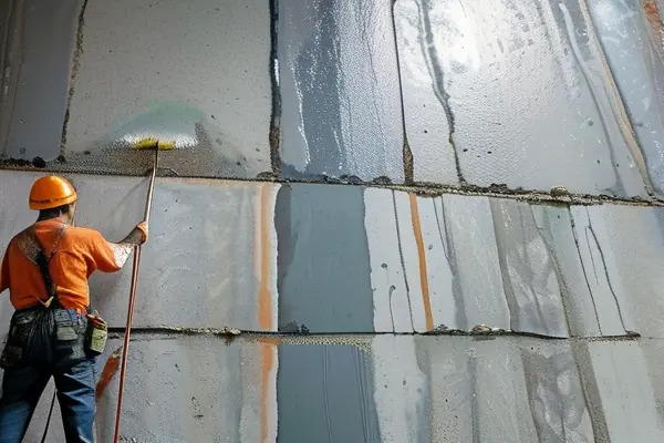 工人施工墙体防水处理现场
