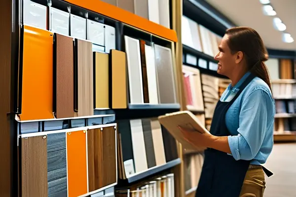 顾客在装修店里挑选材料，店员详细介绍产品特性