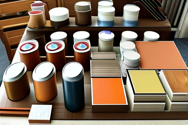 各种装修材料样品展示：地板、瓷砖、墙面漆和壁纸