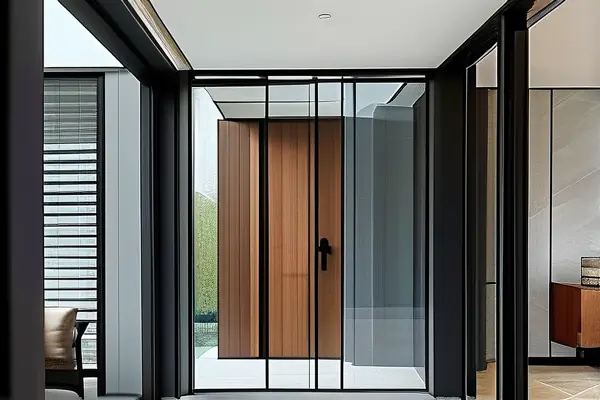 门窗装修材料店内展示的各类门窗样品及安装场景