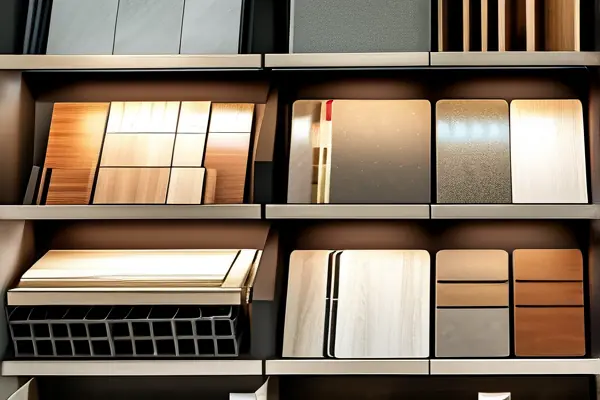 中装修材料展示：瓷砖、涂料、木板和地板等多种装修建材