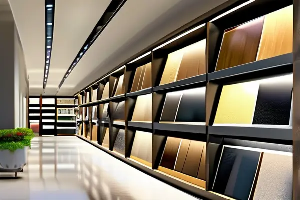 现代装修材料展示厅，展示各类环保创新建材样品