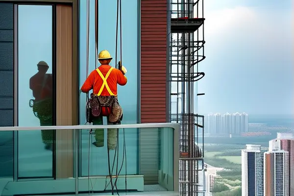 专业工人进行家装玻璃吊装作业现场