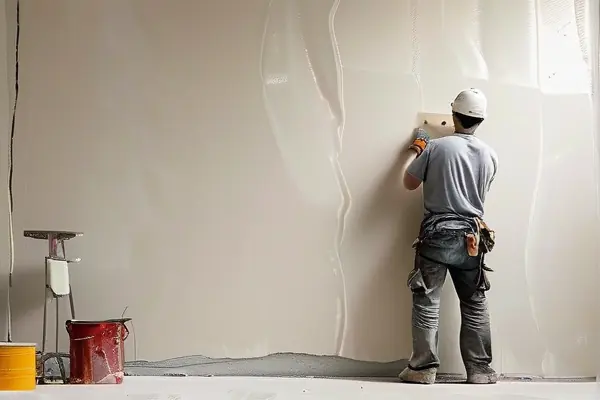专业师傅演示石膏上墙施工过程