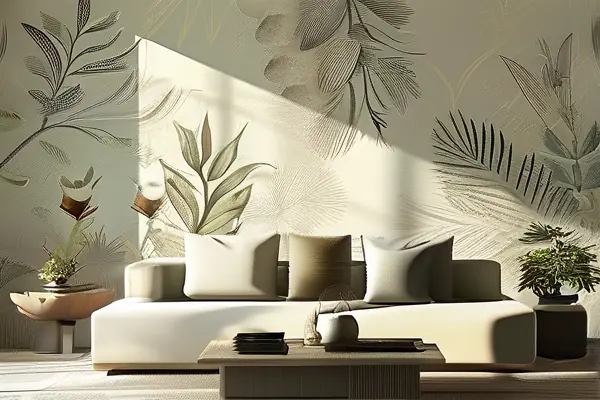 现代家居客厅墙面贴有淡雅植物花纹墙纸