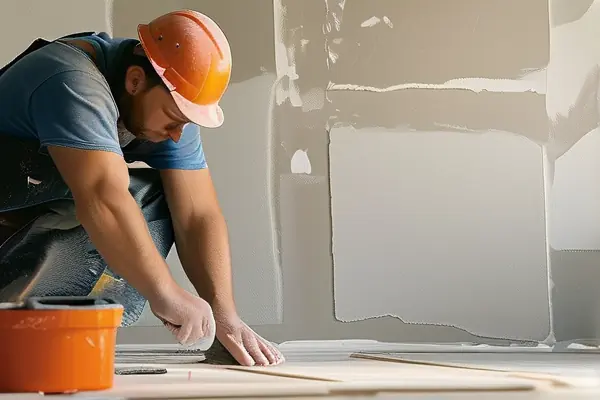 工人粘贴石膏线条的施工现场