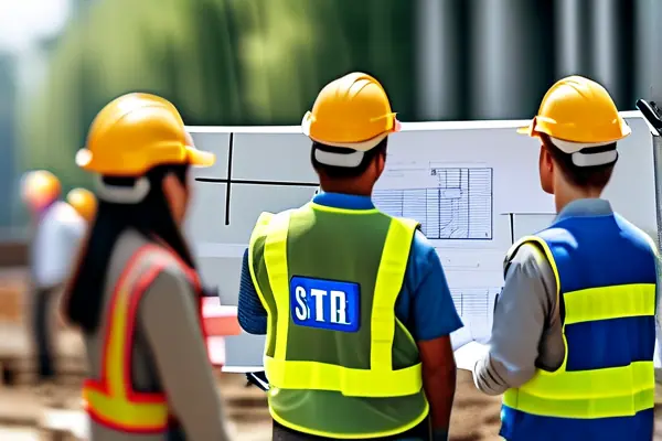 建筑施工验收现场:工程师正在核对图纸与施工质量