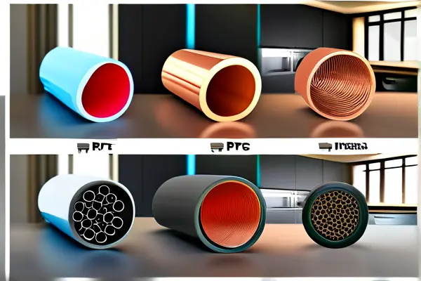 家用水管材质对比图展示PPR管、铜管和不锈钢管