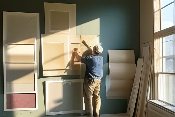 装修师傅正在贴墙纸