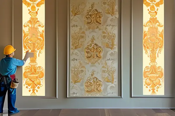 工人贴墙纸施工场景
