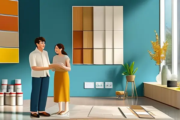 扬州家装设计师在展厅向客户讲解装修小常识