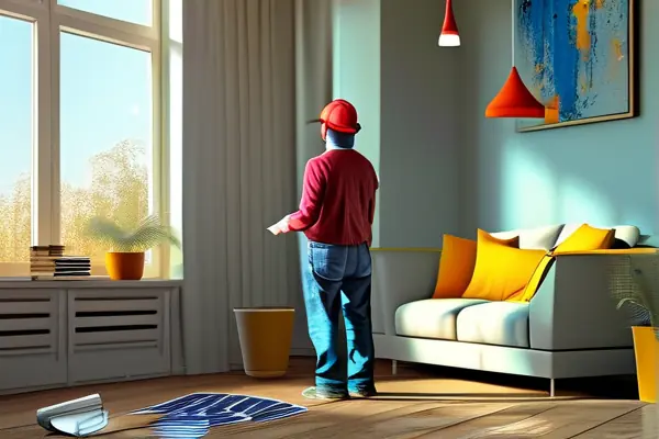 个人在未完工的客厅中进行墙面涂刷