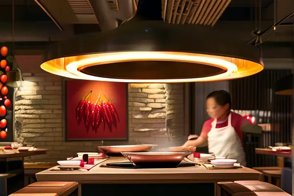 工业风火锅店实景:暖光照射下的木质桌椅与铜锅
