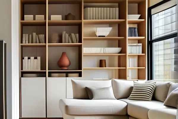 精心设计的小空间客厅，展示多功能家具和巧妙储物方案