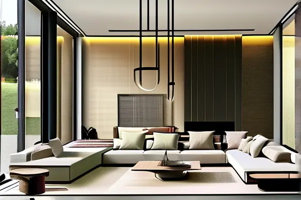 现代客厅装修效果图，展示不同材质和纹理的搭配