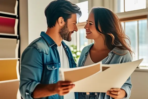 业主在未完工的客厅中讨论装修方案