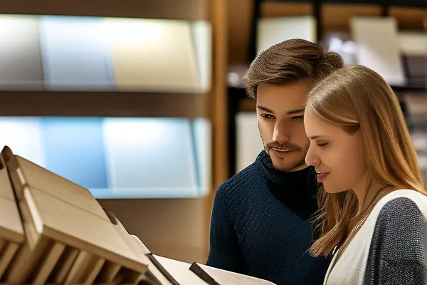 夫妻在建材市场挑选装修材料