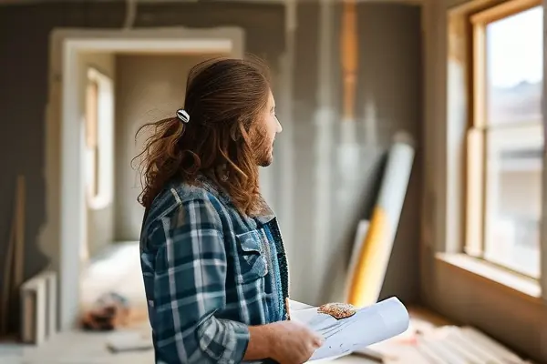 年轻夫妇在装修现场讨论设计图纸