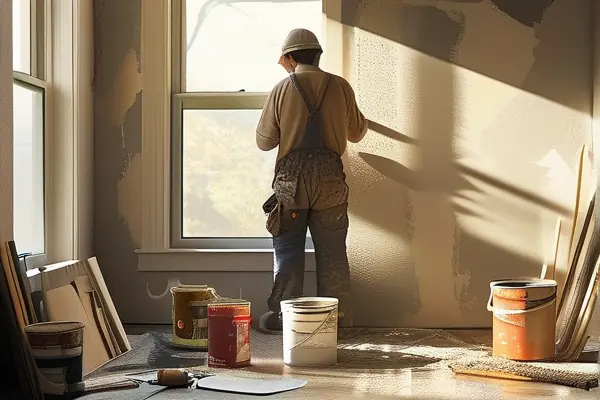 家庭装修现场，工人正在粉刷墙壁