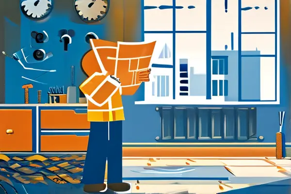 房主在空房间中查看装修图纸的困惑场景