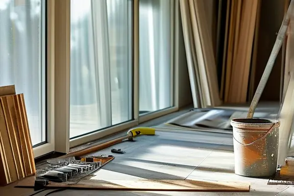 现代家居装修现场,工人铺设地板