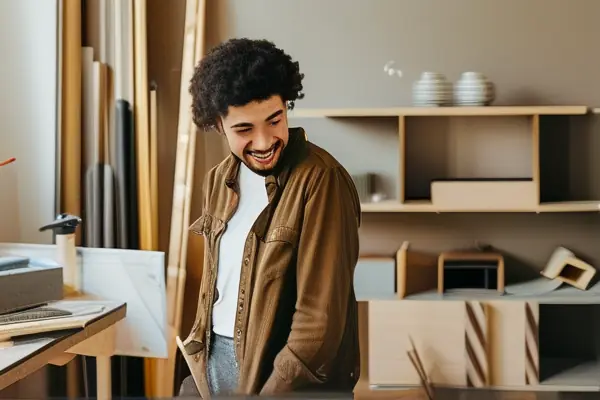 夫妇在装修中的客厅讨论方案