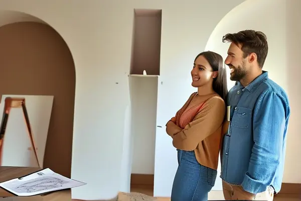 业主与设计师在施工现场讨论装修方案