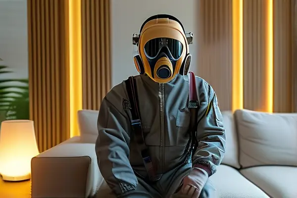 专业技术人员在客厅使用数字检测仪检测甲醛含量