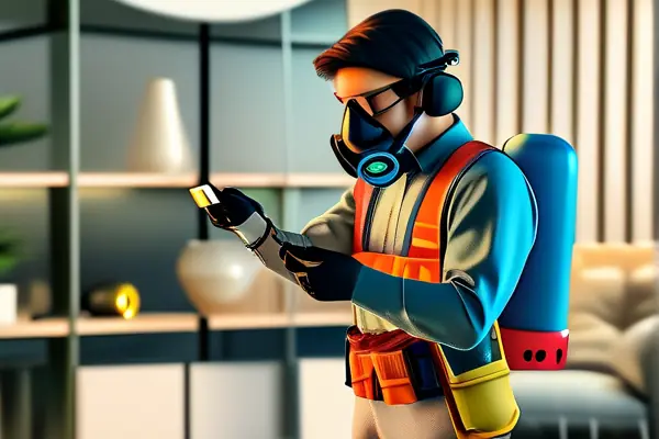 专业技术人员使用数字检测仪在新装修的客厅检测甲醛含量