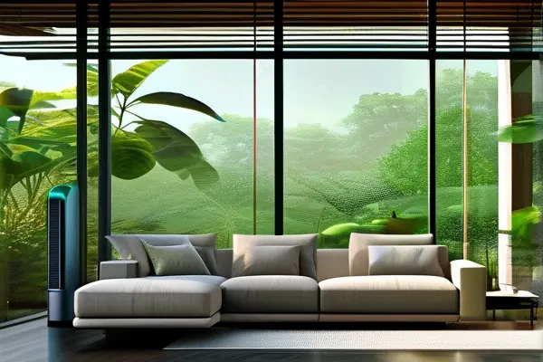 现代客厅开窗通风配合绿植和空气净化器除甲醛场景