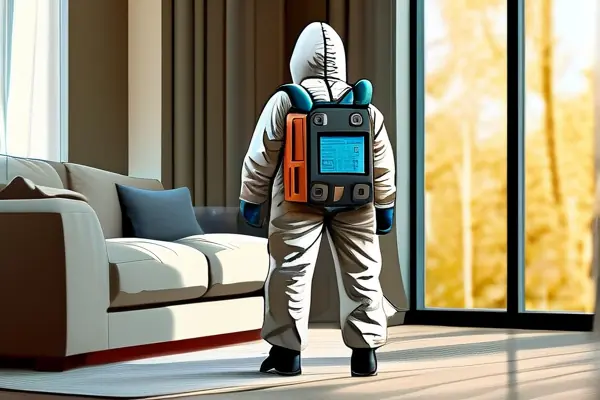 专业技术人员使用甲醛检测仪在新装修客厅进行空气质量检测