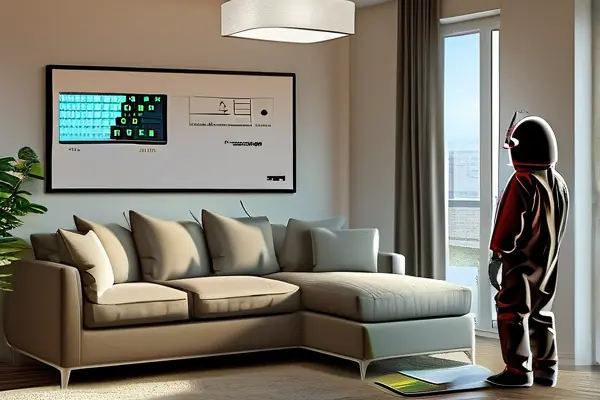 技术人员使用甲醛检测仪测量新装修客厅空气质量