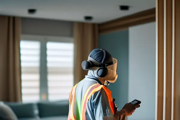 专业人员使用数字检测仪在新装修客厅测量甲醛浓度