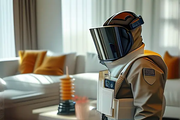 专业技术人员在新装修客厅使用甲醛检测仪检测空气质量