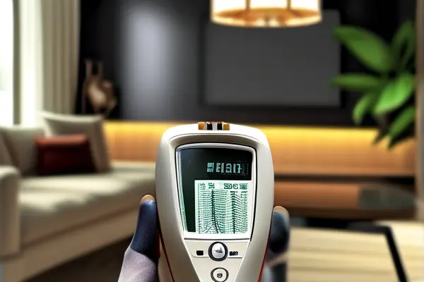 专业技术人员在客厅使用数字检测仪测量甲醛浓度和温度