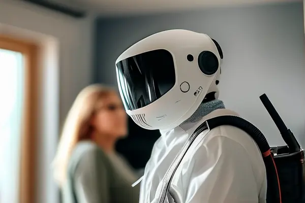 专业技术人员在新装修客厅使用先进设备进行甲醛检测