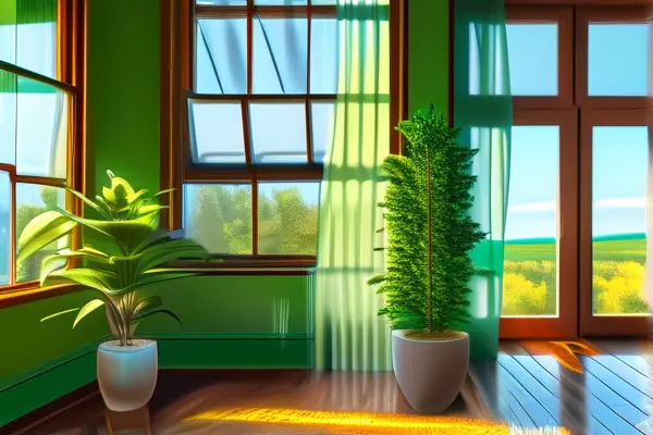 新装修客厅中使用空气净化器和绿植除甲醛的场景