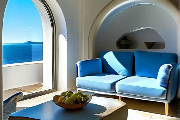 地中海风格客厅实景照片,蓝色沙发与白色墙壁搭配