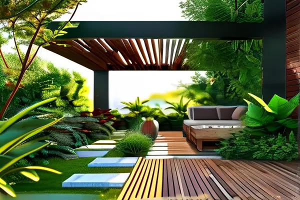 现代花园设计效果图展示绿植与休闲区的完美结合