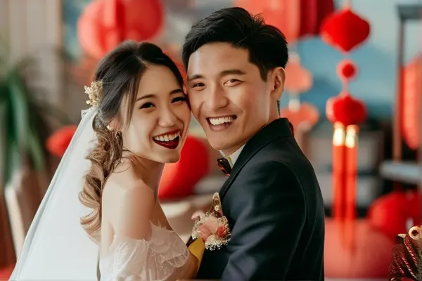 新婚夫妇在风水布局合理的婚房内