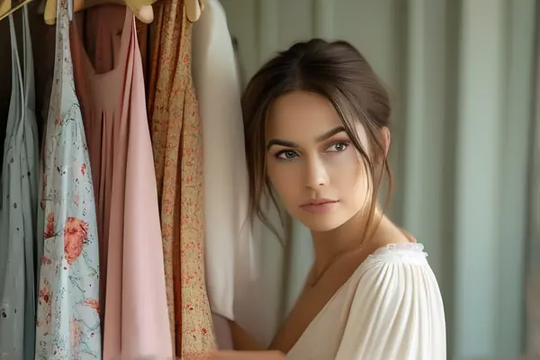 女性在家中整理裙装