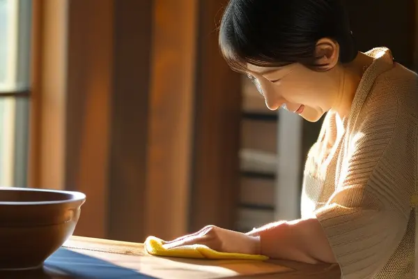 家庭主妇擦拭木质家具