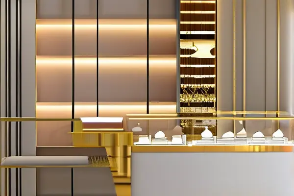 现代珠宝店铺内部装修展示，优雅灯光与玻璃展示柜中的精美珠宝